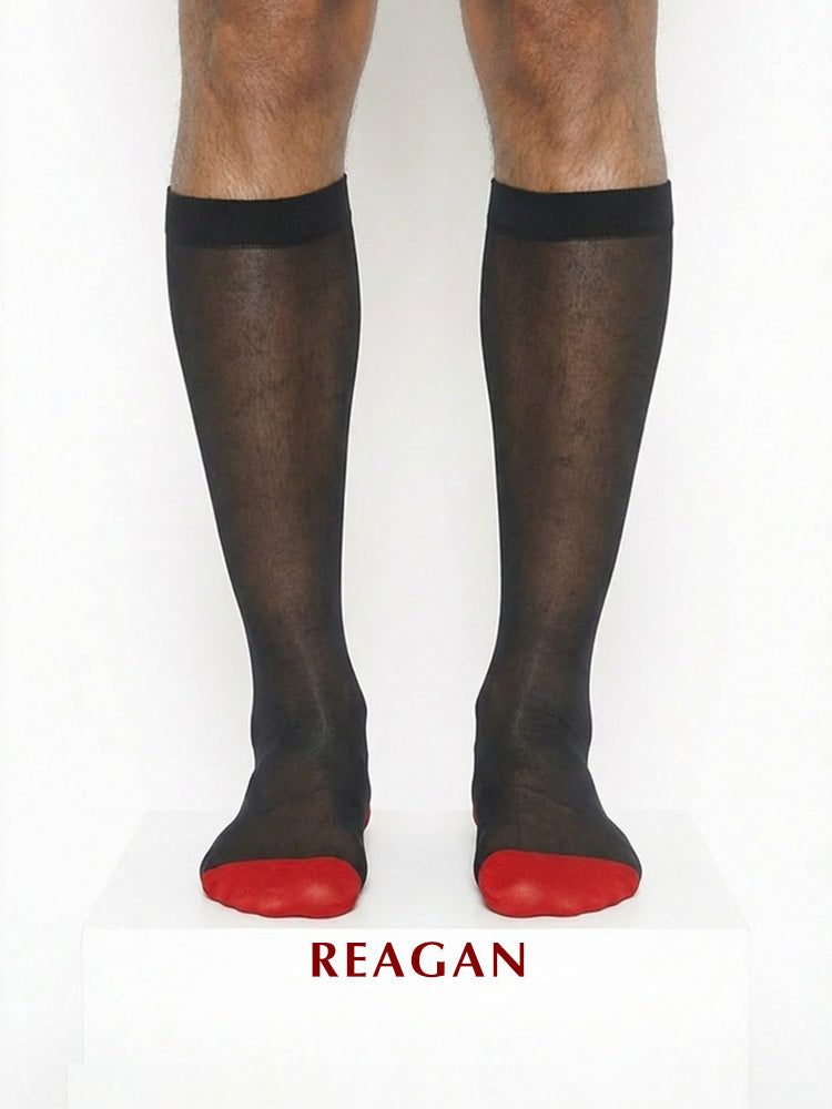 B302 Chaussettes habillées transparentes pour hommes, chaussettes de mariage rouges à bout uni pour le marié