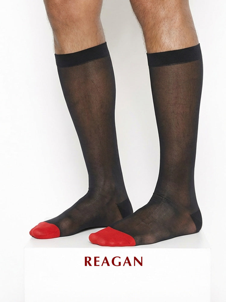 B302 Chaussettes habillées transparentes pour hommes, chaussettes de mariage rouges à bout uni pour le marié