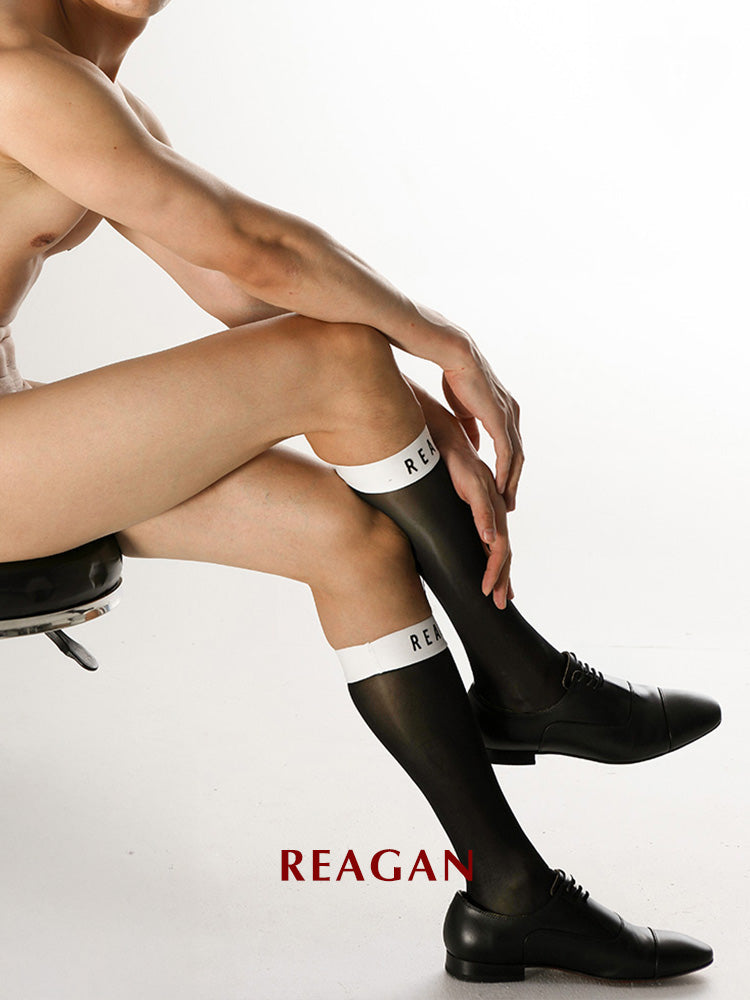 MT301BW Chaussettes habillées mi-mollet pour hommes | Finition miroir avec revers extensible et logo en silicone