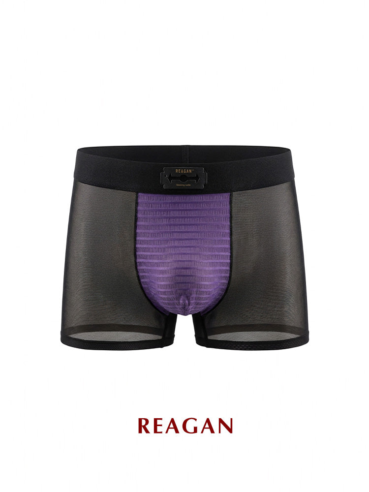 UB921 Men's Classic Boxer Briefs, Sexy Deconstructed Patchwork Design, Skin-Friendly Nude Sheer Mesh Underwear