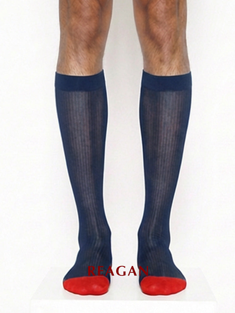 B312 Chaussettes habillées transparentes pour hommes, chaussettes de mariage rayées avec bout rouge