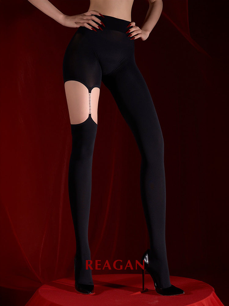 YW0633 Star Chain Seductive Pantyhose, Irregular Rhinestone Chain Suspender Stockings, Footed Black Sheer Tights