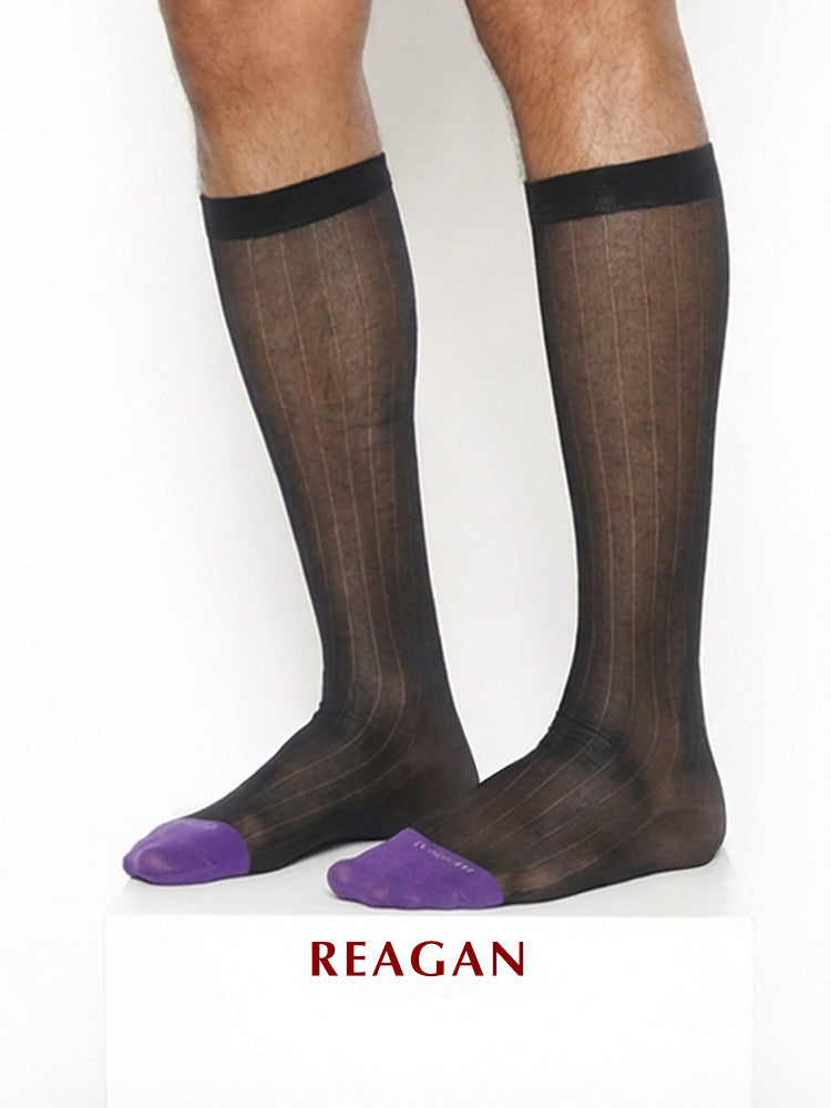 B311BZ Chaussettes habillées pour homme à bout violet, mi-mollet rayées larges