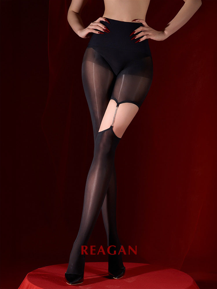 YW0633 Star Chain Seductive Pantyhose, Irregular Rhinestone Chain Suspender Stockings, Footed Black Sheer Tights