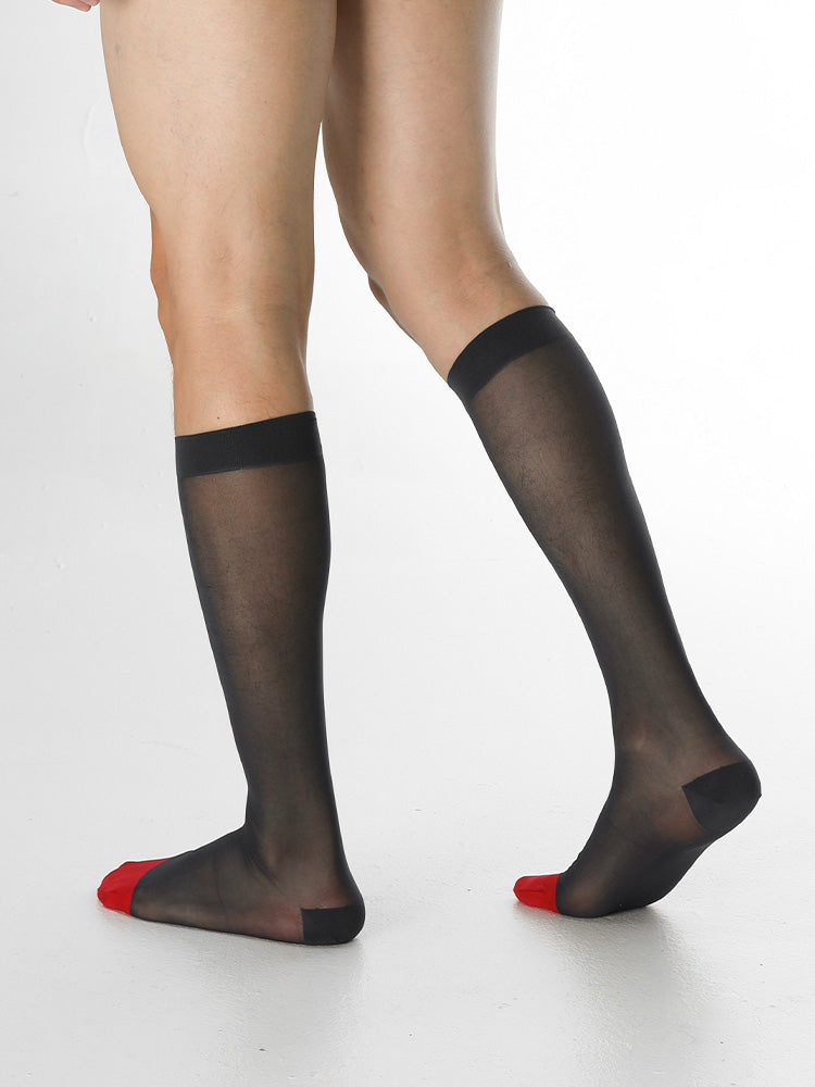 B302 Chaussettes habillées transparentes pour hommes, chaussettes de mariage rouges à bout uni pour le marié