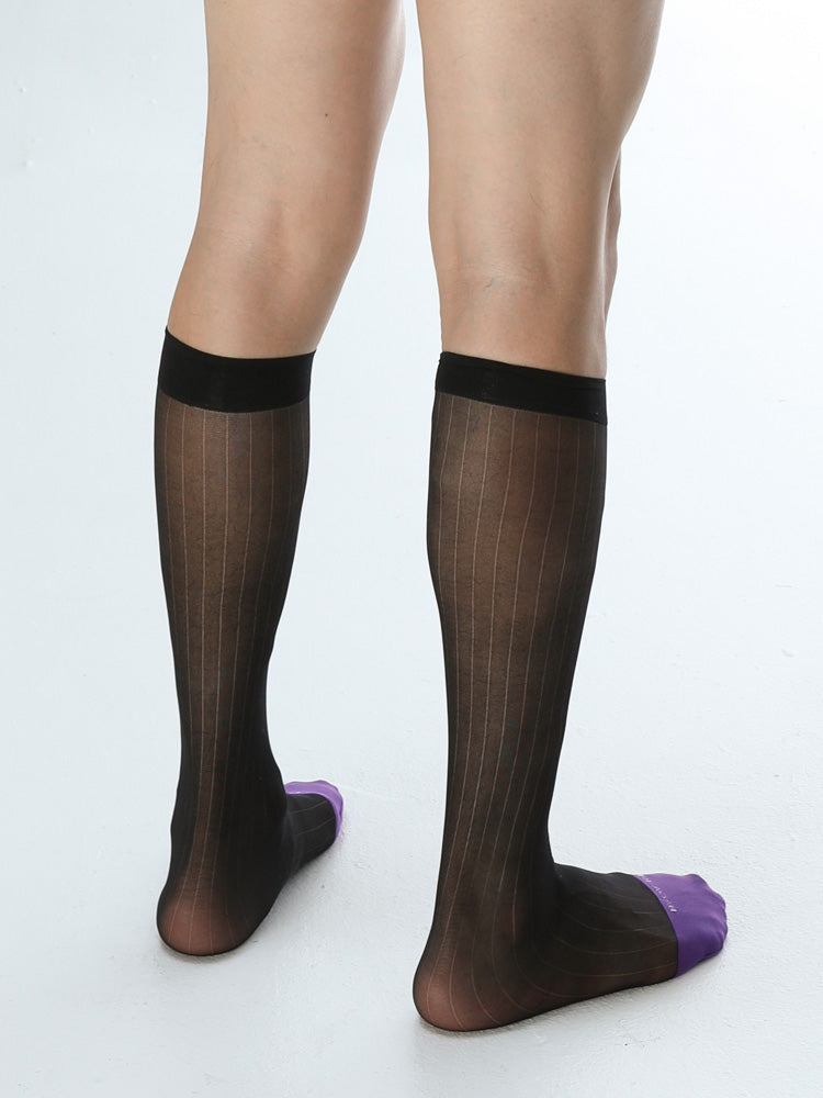 B311BZ Chaussettes habillées pour homme à bout violet, mi-mollet rayées larges