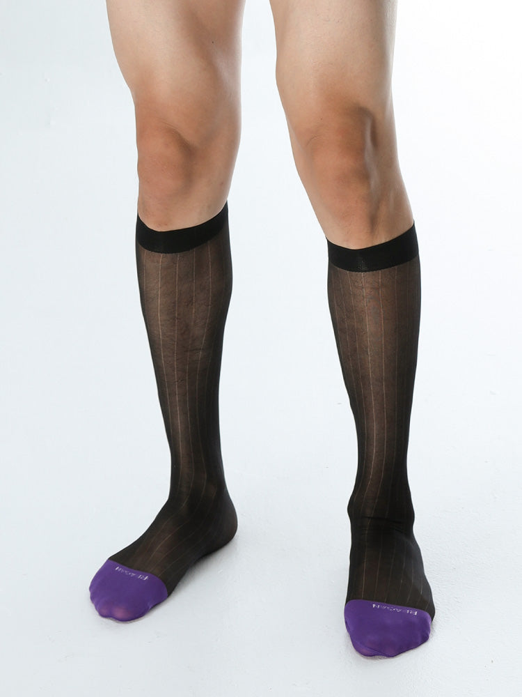 B311BZ Chaussettes habillées pour homme à bout violet, mi-mollet rayées larges