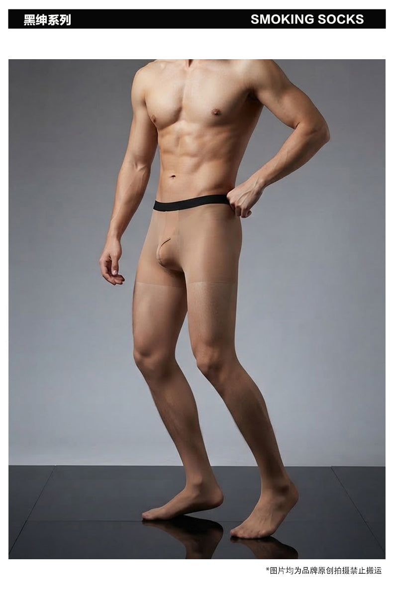 YM743 Men's 10D Sheer Pantyhose Black Belt Open Fly Formal Base Silky Stockings