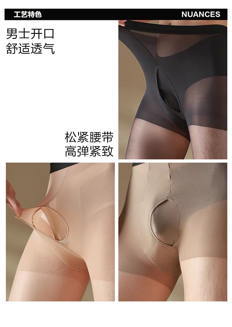 YM743 Men's 10D Sheer Pantyhose Black Belt Open Fly Formal Base Silky Stockings