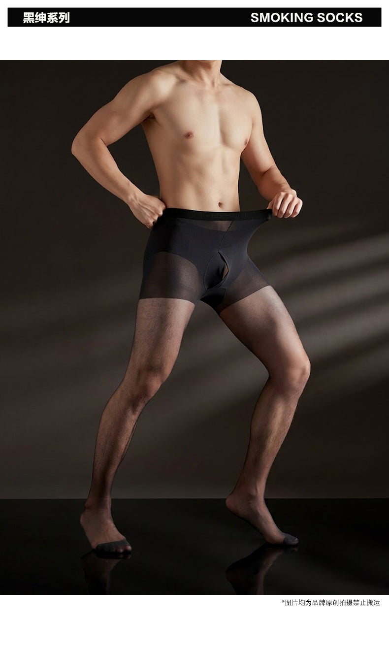 YM743 Men's 10D Sheer Pantyhose Black Belt Open Fly Formal Base Silky Stockings