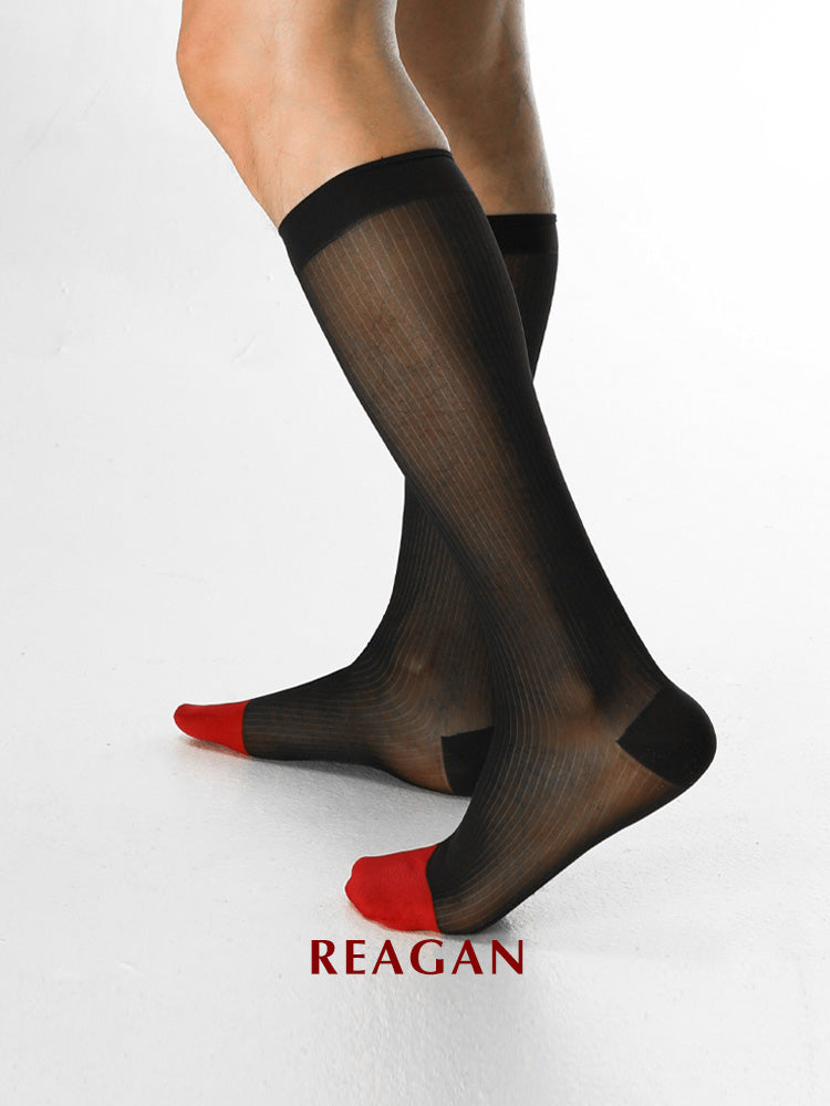 B312 Chaussettes habillées transparentes pour hommes, chaussettes de mariage rayées avec bout rouge