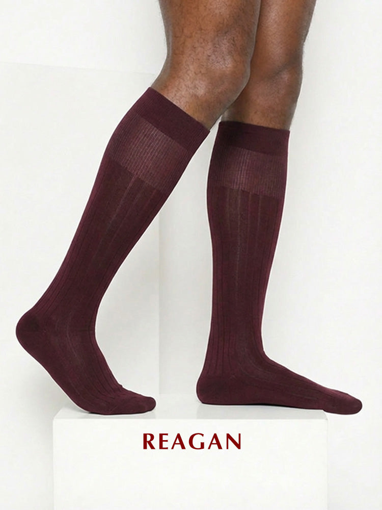 G219 Chaussettes d'affaires mercerisées en coton pour hommes, chaussettes formelles rayées à mi-mollet