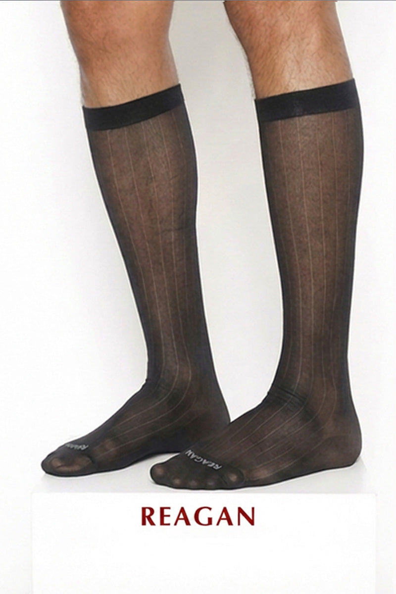B311B Men's Purple Toe Business Socks, Wide Striped Mid-Calf Sheer Socks