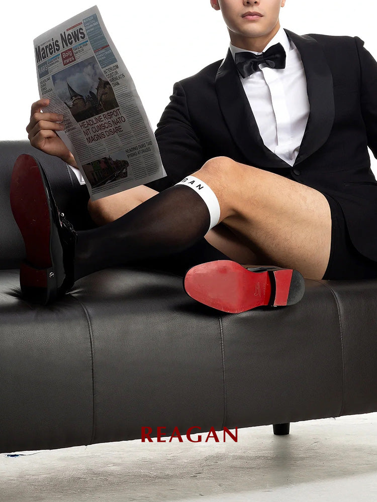 MT301BW Chaussettes habillées mi-mollet pour hommes | Finition miroir avec revers extensible et logo en silicone