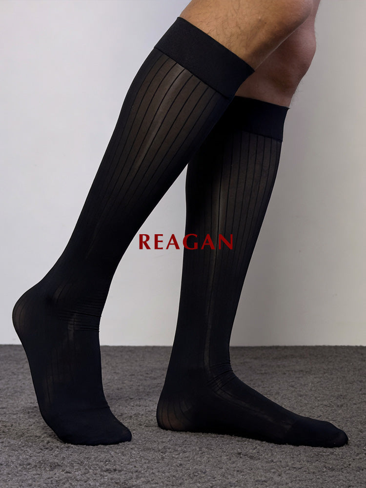 M316 メンズ 10デニール ミラー仕上げ ストライプ シアーソックス (高弾性素材、ロゴなし)