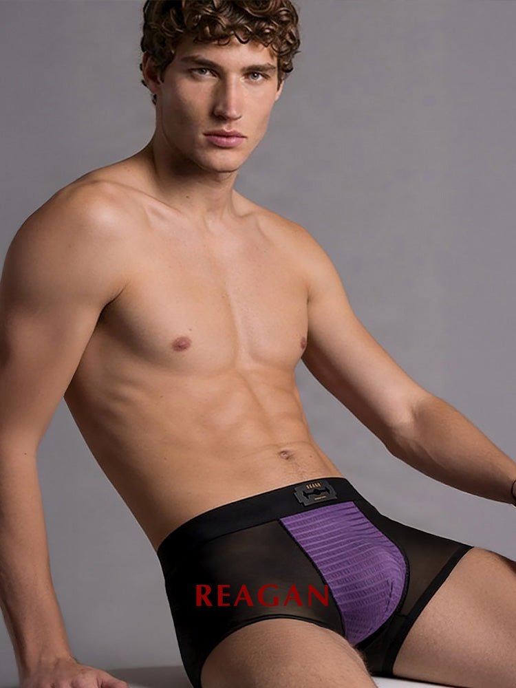 UB921 Men's Classic Boxer Briefs, Sexy Deconstructed Patchwork Design, Skin-Friendly Nude Sheer Mesh Underwear