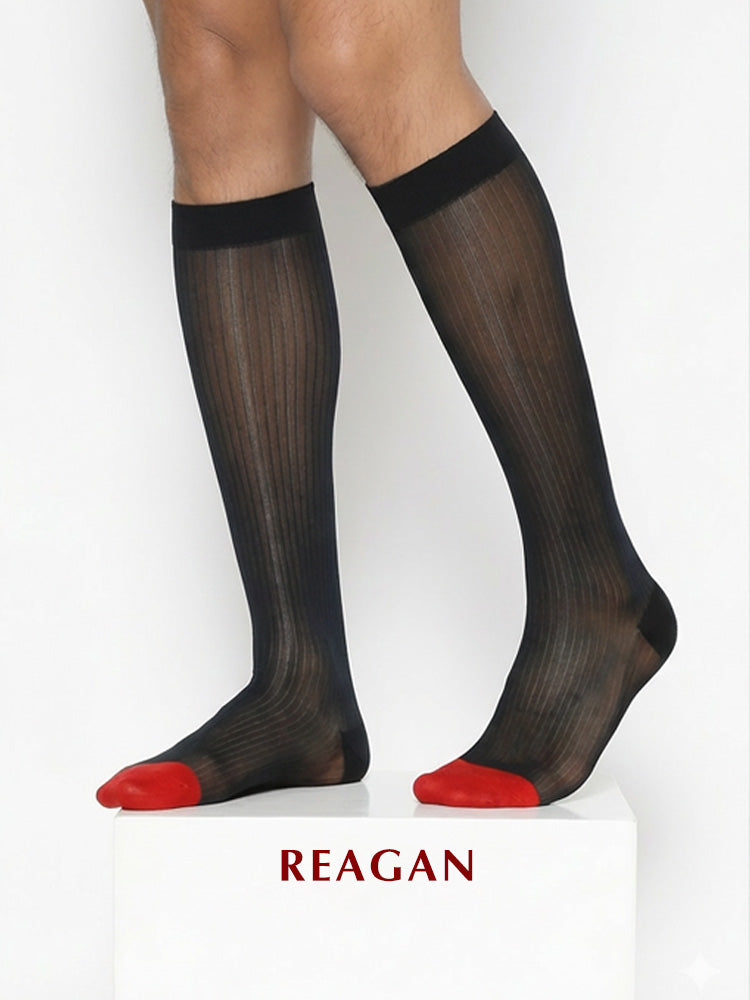 B312 Chaussettes habillées transparentes pour hommes, chaussettes de mariage rayées avec bout rouge