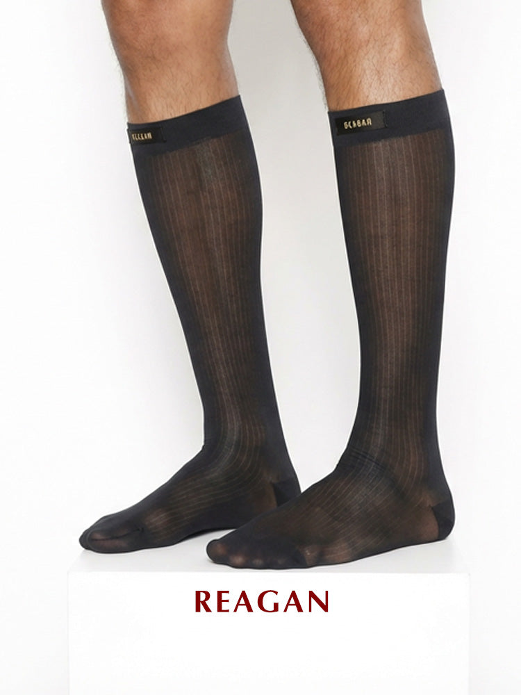 B313 Men's Business Striped Black Knee-High Formal Dress Socks – REAGAN