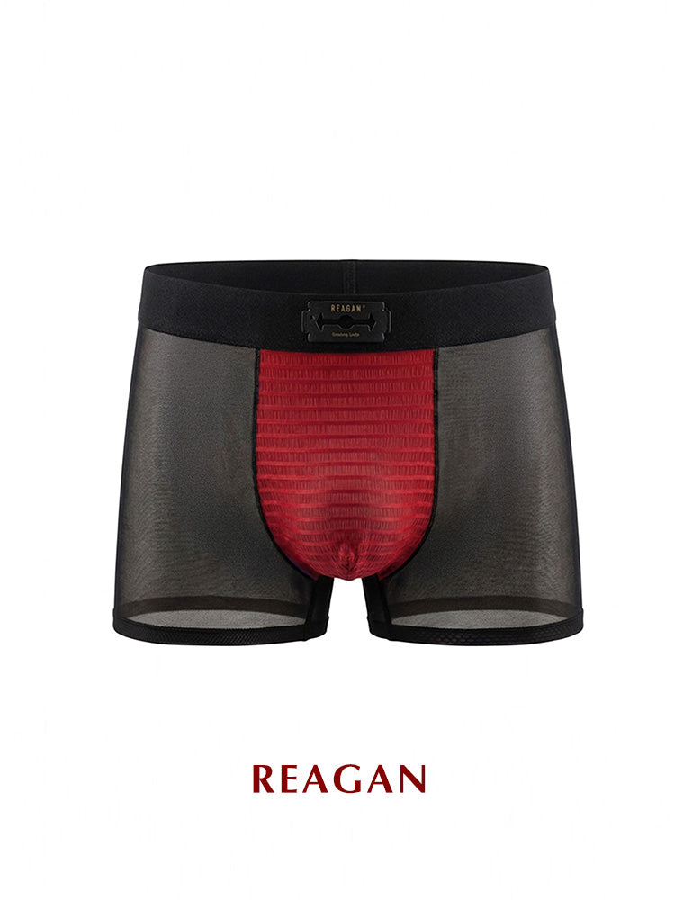 UB921 Men's Classic Boxer Briefs, Sexy Deconstructed Patchwork Design, Skin-Friendly Nude Sheer Mesh Underwear