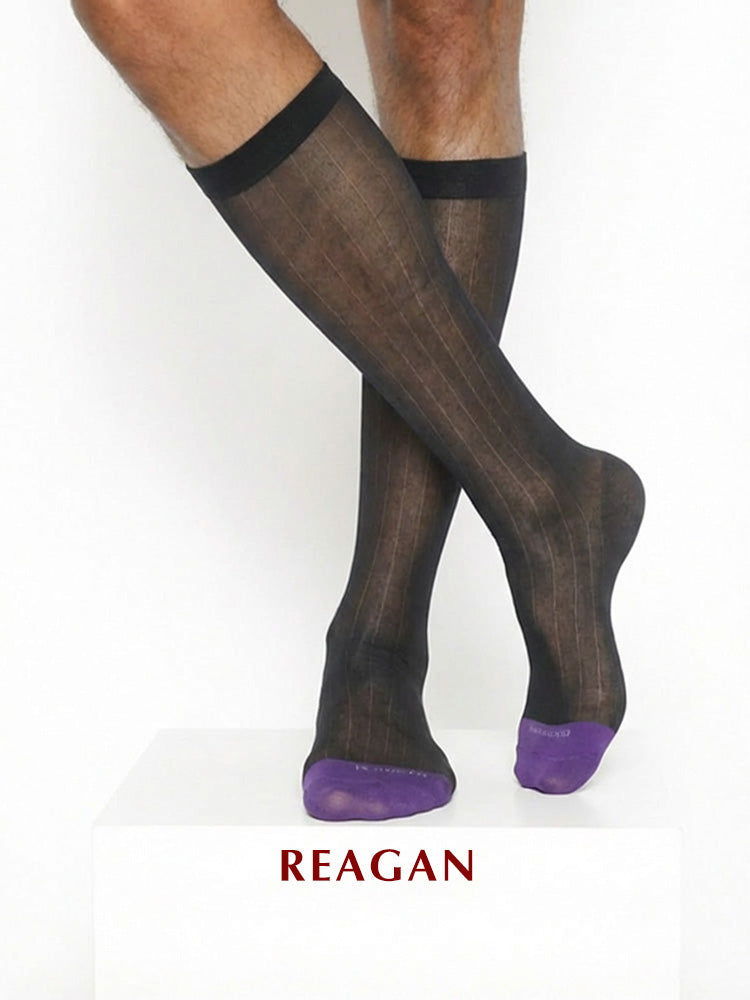 B311BZ Chaussettes habillées pour homme à bout violet, mi-mollet rayées larges