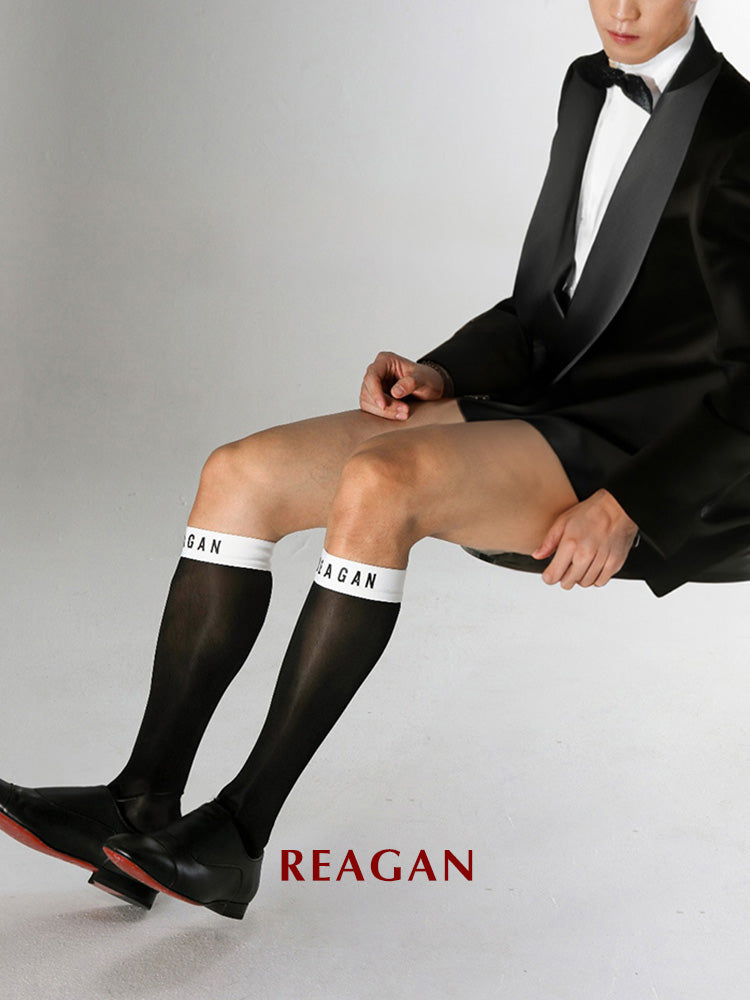 MT301BW Chaussettes habillées mi-mollet pour hommes | Finition miroir avec revers extensible et logo en silicone