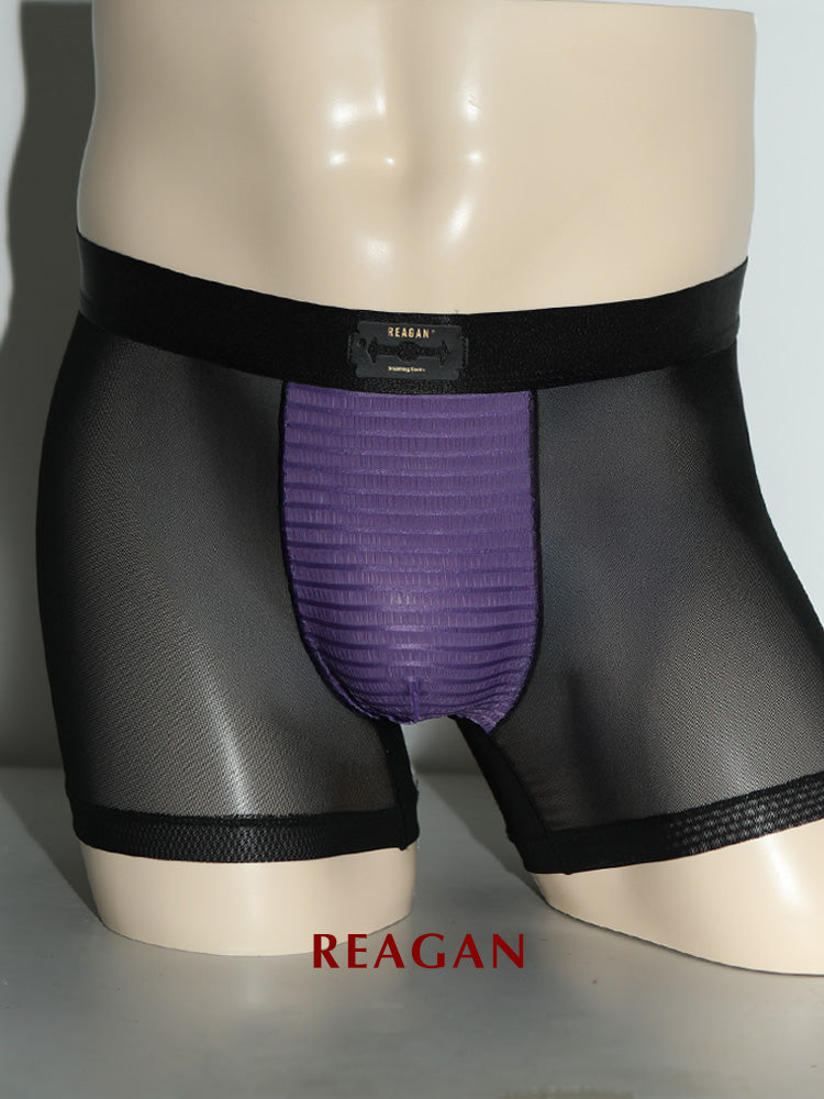 UB921 Men's Classic Boxer Briefs, Sexy Deconstructed Patchwork Design, Skin-Friendly Nude Sheer Mesh Underwear