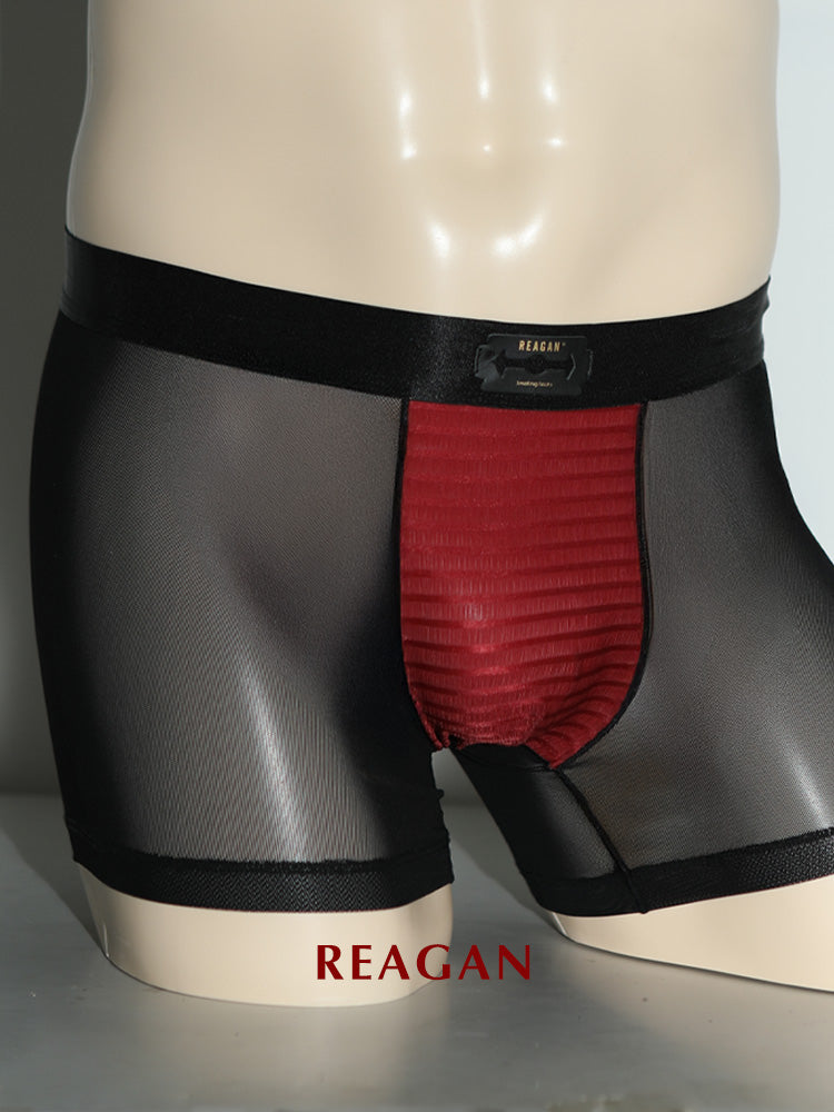 UB921 Men's Classic Boxer Briefs, Sexy Deconstructed Patchwork Design, Skin-Friendly Nude Sheer Mesh Underwear