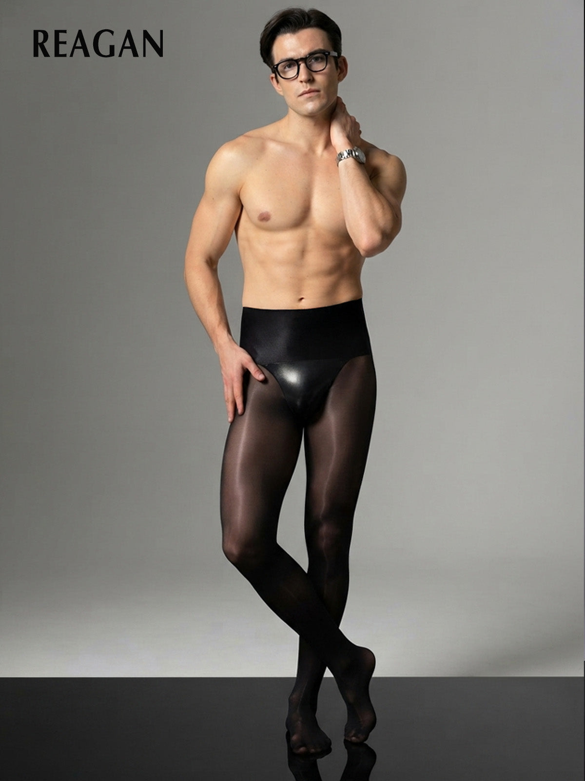 YM716 Men's 5Den Black Glossy Solid Tights - Pantyhose for Gentlemen