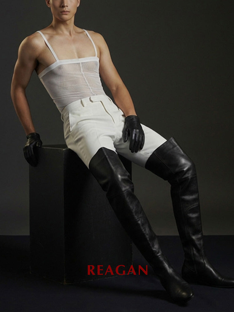 Collants taille haute homme YM717 12 deniers, gaine sculptante à bretelles, leggings effet miroir