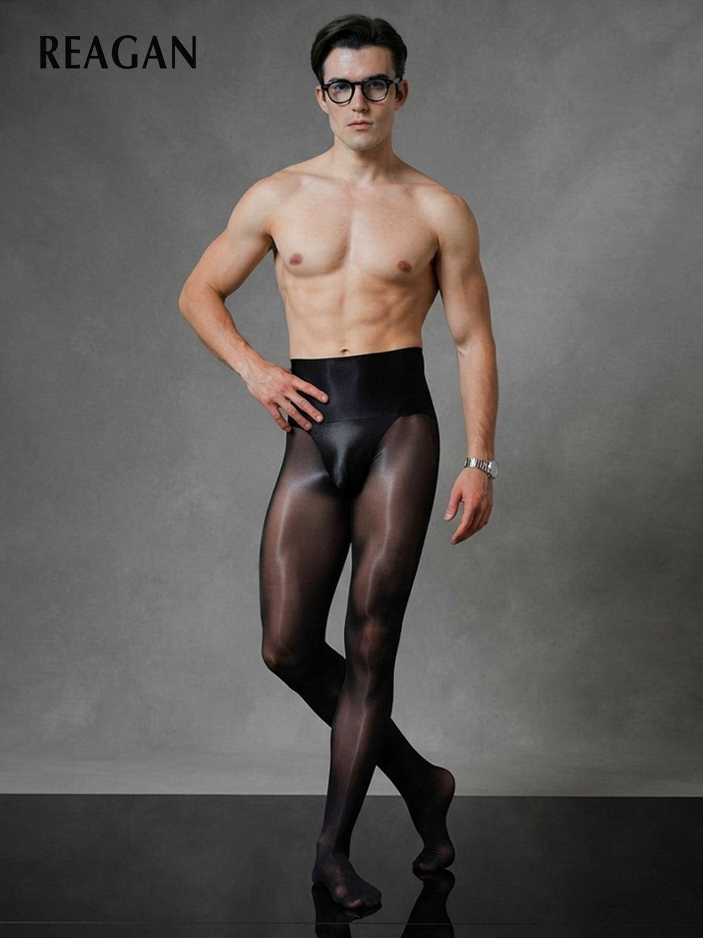 YM716 Men's 5Den Black Glossy Solid Tights - Pantyhose for Gentlemen