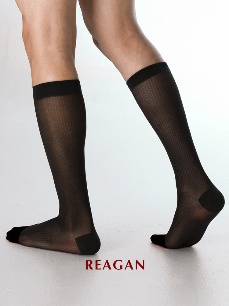 B313 Men's Business Striped Black Knee-High Formal Dress Socks – REAGAN