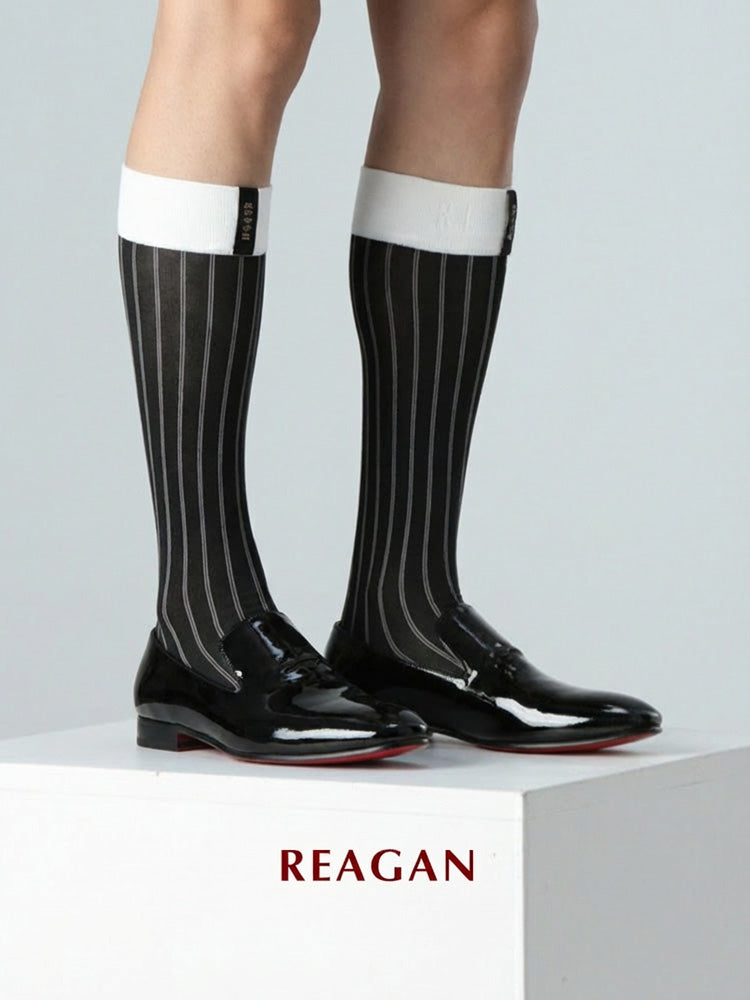 GT341 Chaussettes habillées pour homme mi-mollet à double rayure avec revers extensible