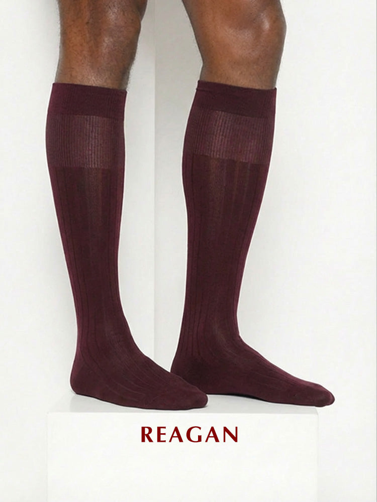 G219 Chaussettes d'affaires mercerisées en coton pour hommes, chaussettes formelles rayées à mi-mollet