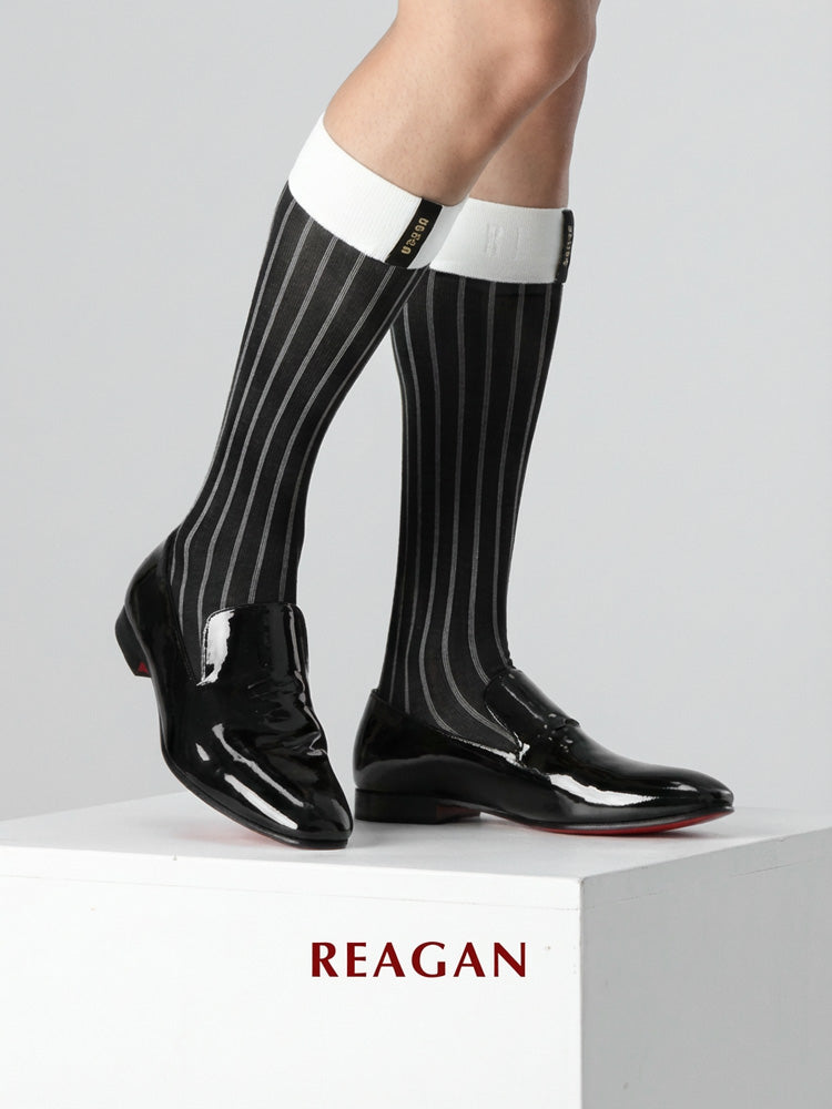 GT341 Chaussettes habillées pour homme mi-mollet à double rayure avec revers extensible