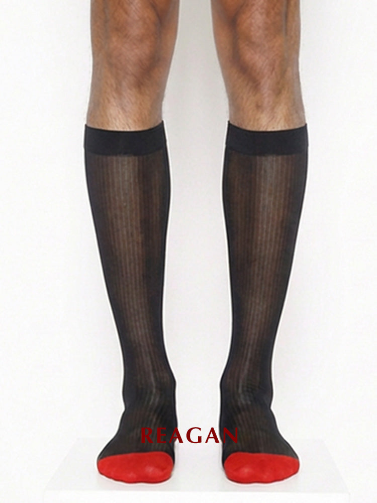 B312 Chaussettes habillées transparentes pour hommes, chaussettes de mariage rayées avec bout rouge