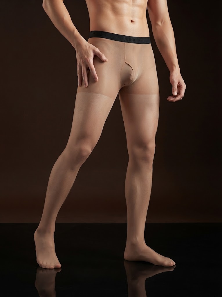 YM743 Men's 10D Sheer Pantyhose Black Belt Open Fly Formal Base Silky Stockings