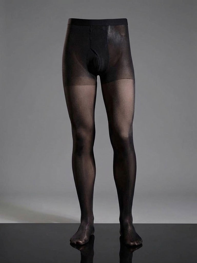 YM743 Men's 10D Sheer Pantyhose Black Belt Open Fly Formal Base Silky Stockings